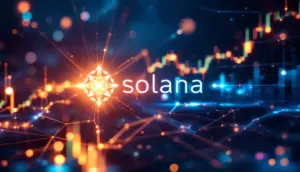 ソラナ（SOL）のロゴが上昇する市場データの中で輝いている様子