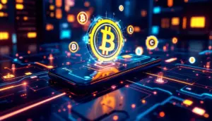 ブロックチェーンのシンボルが浮かぶ未来的なスマートフォンとデジタル都市のイメージ
