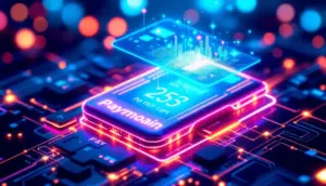デジタルな決済端末とバーチャルカードが浮かぶ未来的なイメージ