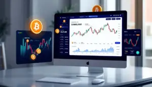 デジタル投資プラットフォームでビットコインと金融チャートを表示する画面