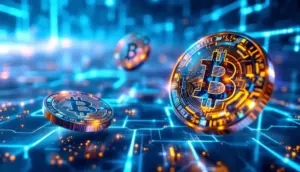 デジタル取引プラットフォーム上に浮かぶ3つの近未来的なコインのイメージ