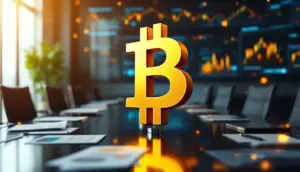 企業の会議室でビットコインと金融資料が表示されている様子