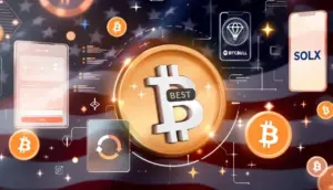 米国の法案と仮想通貨BTCBULL、BEST、SOLXのロゴが並ぶデジタル金融の象徴的な画像