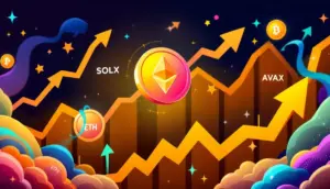 クジラと上昇チャートに囲まれるアルトコイン（SOLX, AVAX, ETH, PEPE）のイメージ画像