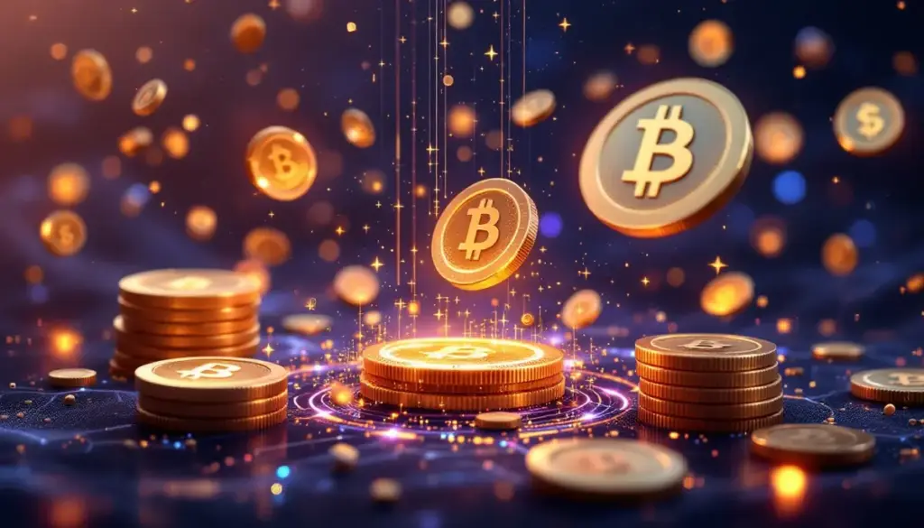 エアドロップされるデジタルコインとブロックチェーンのグラフィックが描かれた未来的なイメージ