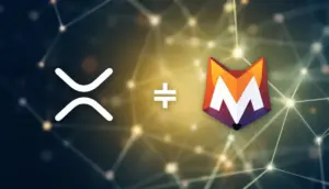 XRPロゴとMetaMaskロゴがネットワークで繋がっている抽象的なイメージ