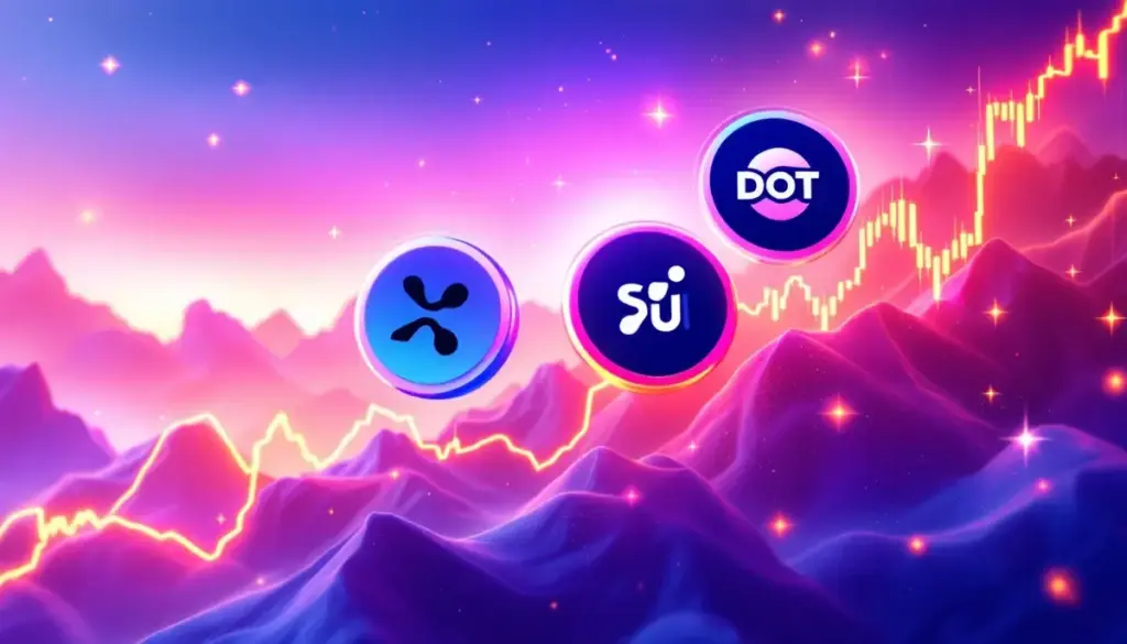 XRP・SUI・DOT・SOLXのロゴが上昇チャートとともに描かれたデジタルイメージ