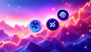 XRP・SUI・DOT・SOLXのロゴが上昇チャートとともに描かれたデジタルイメージ