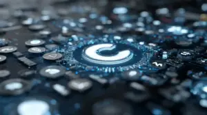 Coinbaseのロゴと50種の仮想通貨シンボルが並ぶ未来的な金融インターフェースの画像