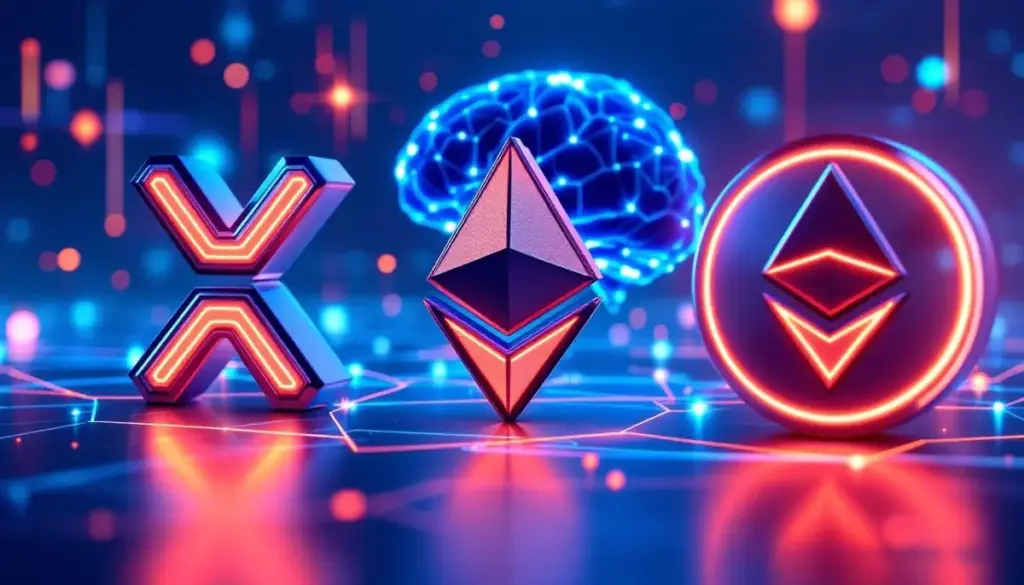 AIによるアルトコインの価格予測をテーマに、XRP、イーサリアム、ソラナのシンボルが並ぶ未来的な画像