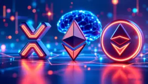 AIによるアルトコインの価格予測をテーマに、XRP、イーサリアム、ソラナのシンボルが並ぶ未来的な画像