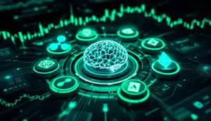 AIが分析する仮想通貨のおすすめ銘柄を示す未来的なイメージ