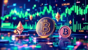 ビットコインのシンボルが後退し、他のアルトコインのシンボルが上昇する未来的なイメージ