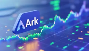 アーク・インベストとコインベースのロゴが、上昇する株価チャートの上に表示されている未来的なデザインの画像。