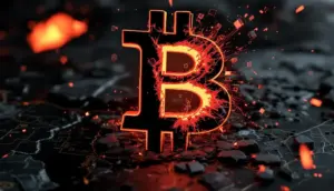 金融緩和を背景に上昇するビットコインのシンボルを表現した3Dイラスト