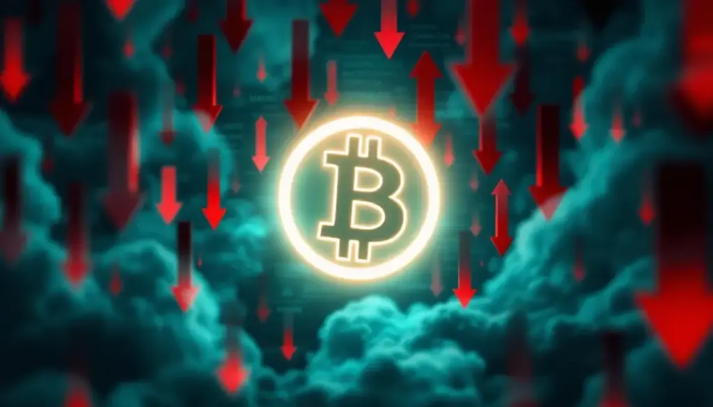 地政学リスクを示す赤いグラフの中で、安定した光を放つビットコインのシンボル。