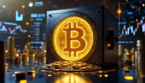 ビットコインのシンボルがデジタル金庫に吸収される様子を示す3D画像。記録的な資金流入を表現している。