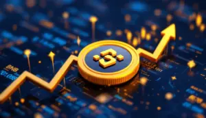 バイナンスコイン（BNB）のシンボルと上昇する株価チャートが描かれた未来的な画像