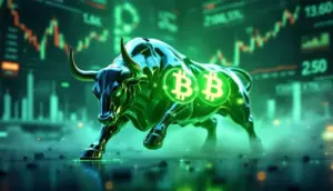 力強い雄牛と緑色に輝くビットコインのシンボルが上昇する未来的なイメージ