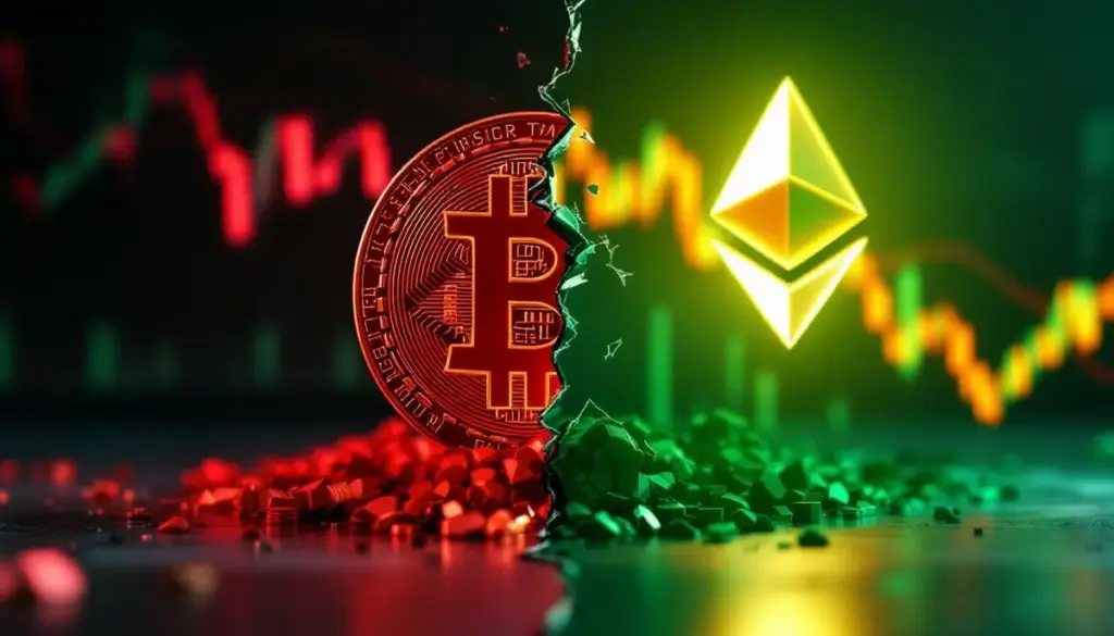 ビットコインの下落とイーサリアムの上昇を示す対照的なグラフとシンボル