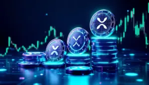 ドージコイン、ソラナ、XRPのシンボルが上昇トレンドを示すグラフとともに表示されている未来的なイメージ