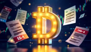 ドージコインのロゴとETF申請書類が浮かぶ未来的な金融インターフェース