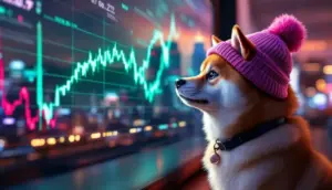 ピンクのニット帽をかぶった柴犬（Dogwifhatのシンボル）が、緑色の上昇チャートを見つめている様子