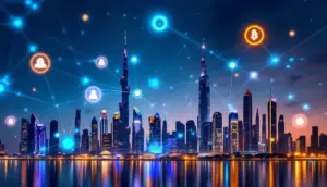 ドバイのスカイラインとブロックチェーンネットワークを表現したデジタル革新のイメージ