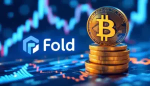 ビットコインとFold社のロゴが並び、企業の成長を示すグラフを背景にした画像