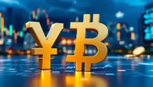 日本の国会議事堂を背景に、金融チャートが表示されたスクリーン上で並ぶ日本円とビットコインのシンボル
