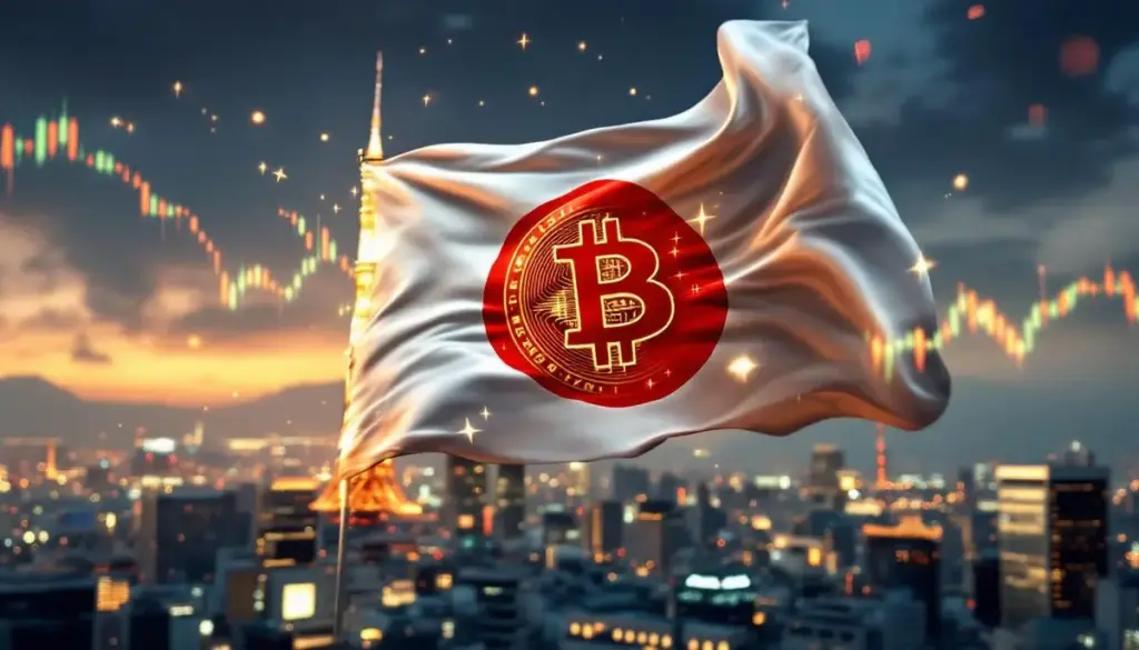 日本の国旗とビットコインのシンボルが融合し、東京の未来的な都市景観を背景に金融チャートが上昇している様子