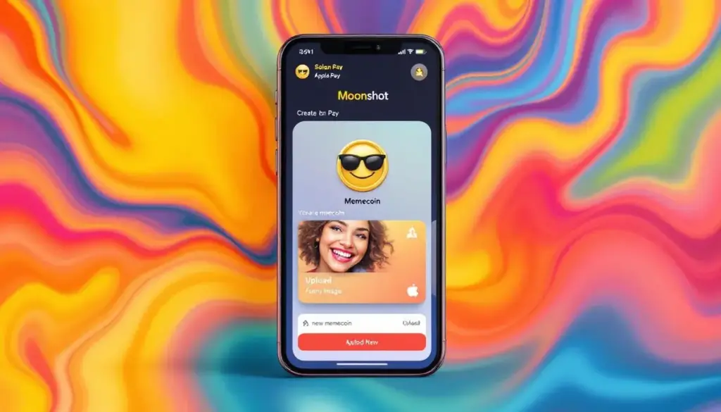 スマートフォンでApple Payを使い、簡単にミームコインを作成する様子を示すイラスト