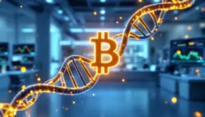 ビットコインのシンボルとDNAの二重らせんが絡み合う未来的なイメージ