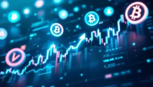 将来性のあるアルトコインのシンボルと金融チャートを示す未来的なイメージ