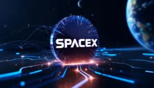 宇宙を背景に、SpaceXのロゴがデジタル化されたトークンに変化する未来的なイメージ
