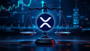 SECとXRPのロゴが描かれた天秤。仮想通貨ETFの規制と承認を象徴する画像。