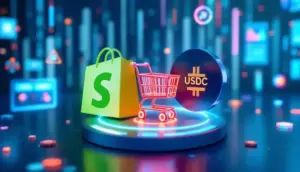 ShopifyのロゴとUSDCのシンボルが並び、Eコマースでの暗号資産決済の導入を象徴する画像