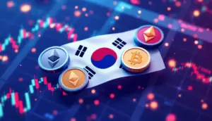韓国の国旗と仮想通貨のシンボルが描かれた、規制と市場成長を象徴する画像。