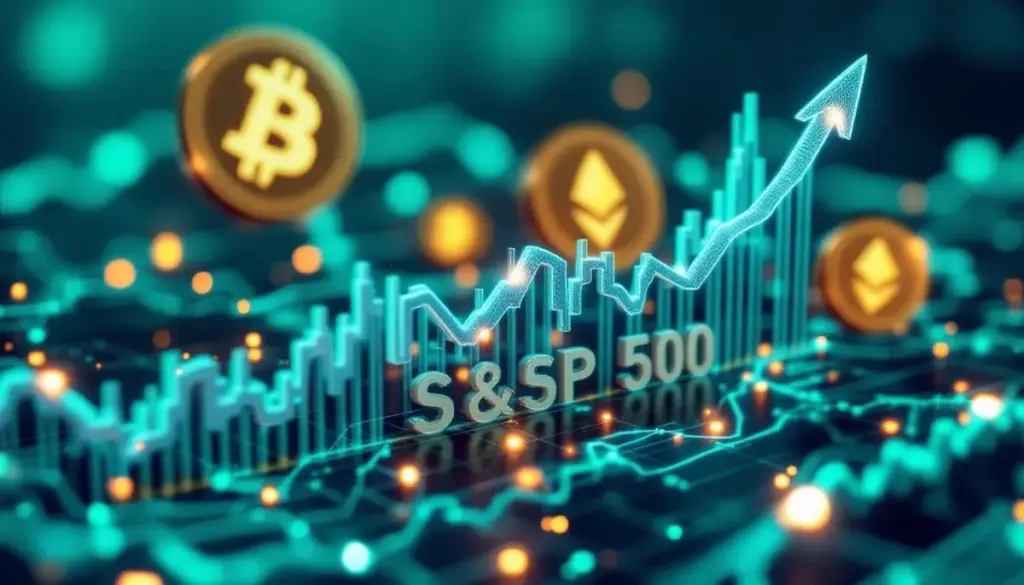 S&P 500の上昇を示すチャートと背景に輝くビットコインやイーサリアムのシンボル