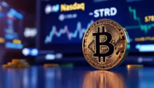 ナスダックの株価ボードを背景にしたビットコインのシンボル。STRDの文字が見える。