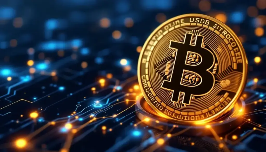 ビットコインのシンボル上に置かれたUSDBステーブルコインの3Dイメージ