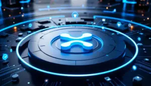 XRPロゴを中心に、未来的なガバナンス構造を示す様子の3Dレンダリング
