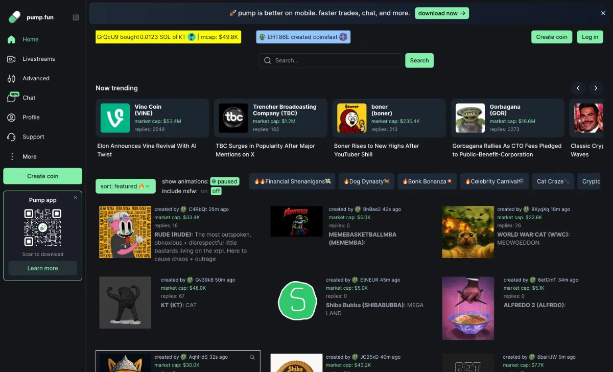 ミームコイン発行プラットフォームPump.funのTOPページ