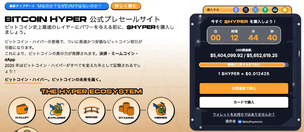 bitcoinhyperのプレセール画面（540万ドル）