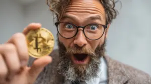 ビットコインを持って歓喜するおじさん