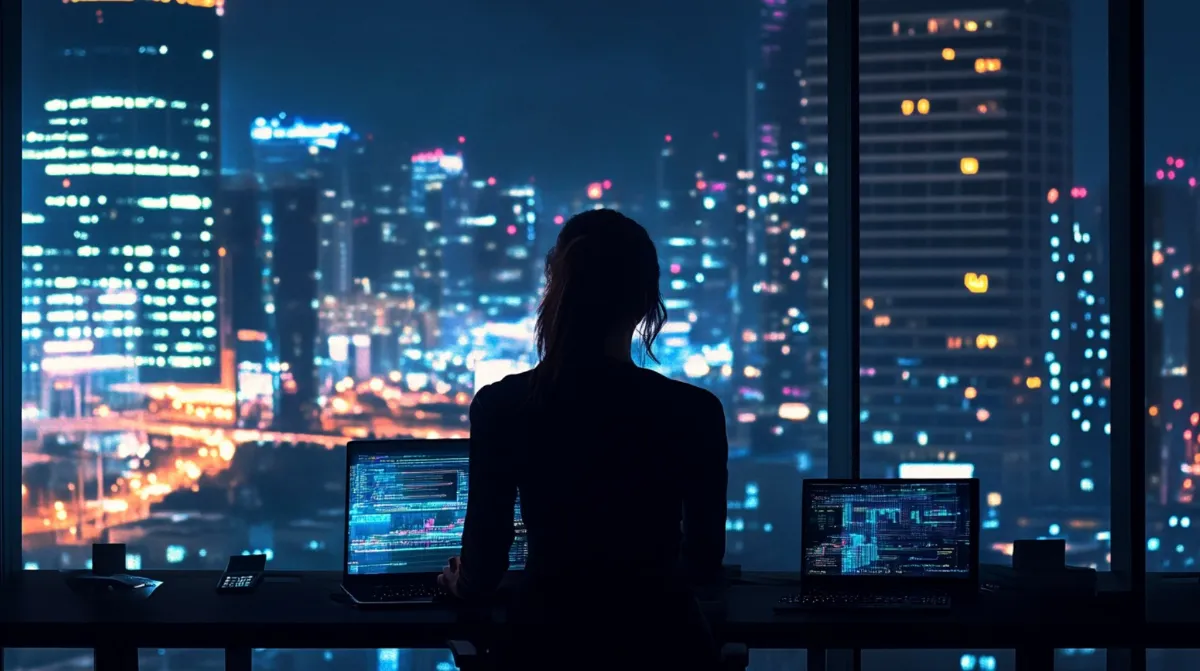 高層ビルの夜景が見えるオフィスでパソコンに向かう女性