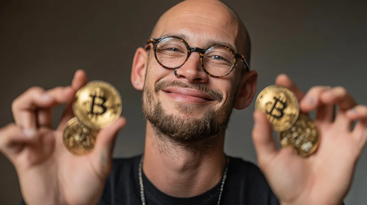 ビットコインを見せびらかして微笑む男性
