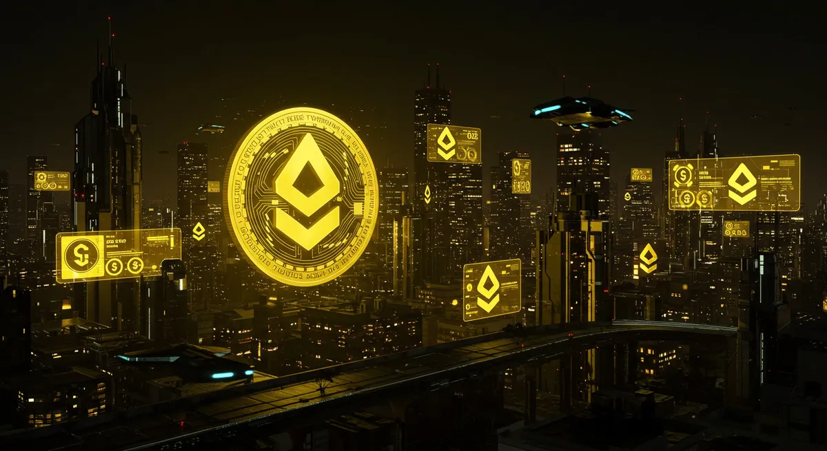 未来都市に浮かぶ仮想通貨のホログラム広告