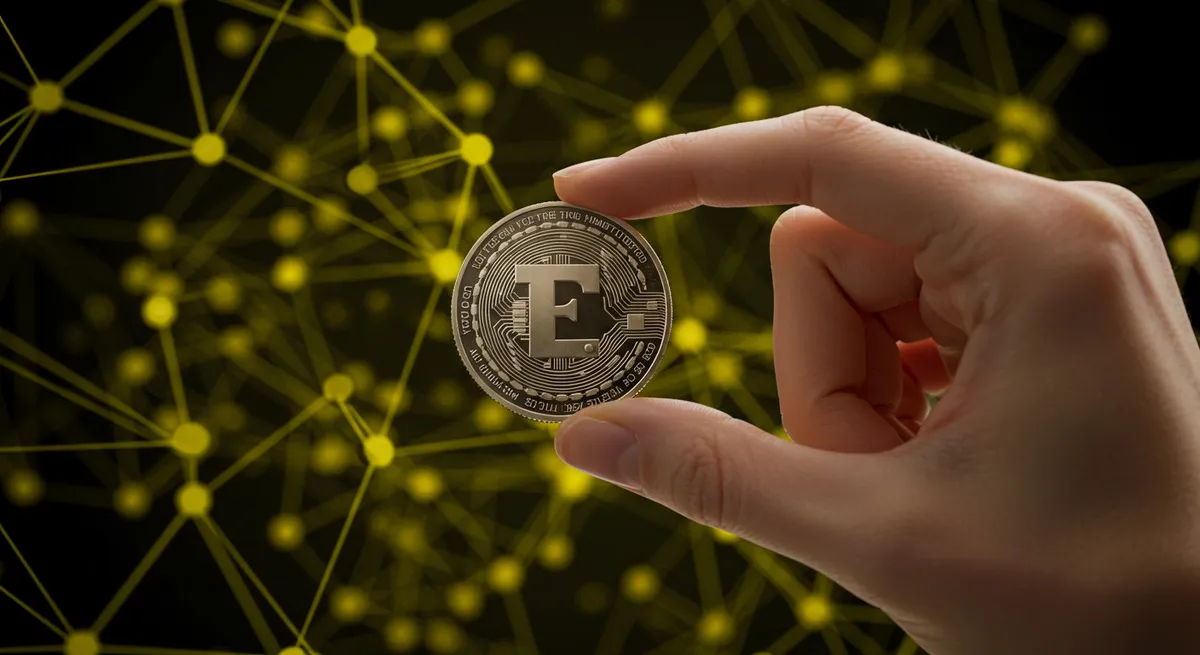 指先でつまむ仮想通貨コインと分散型ネットワーク