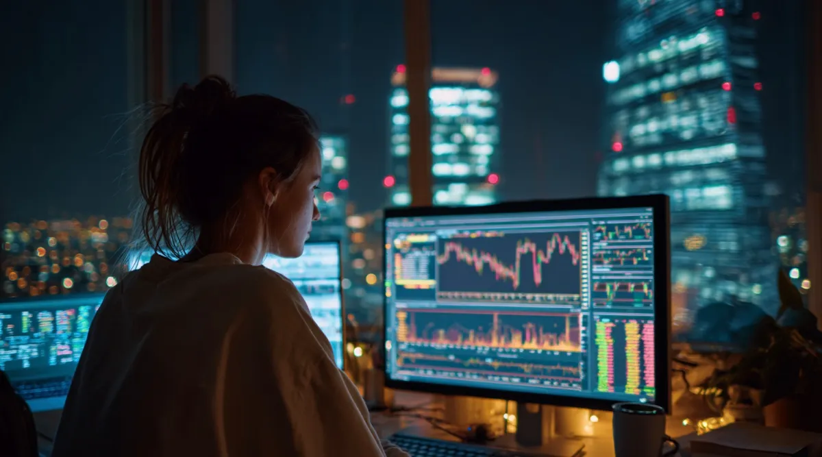 深夜に仮想通貨トレードする女性